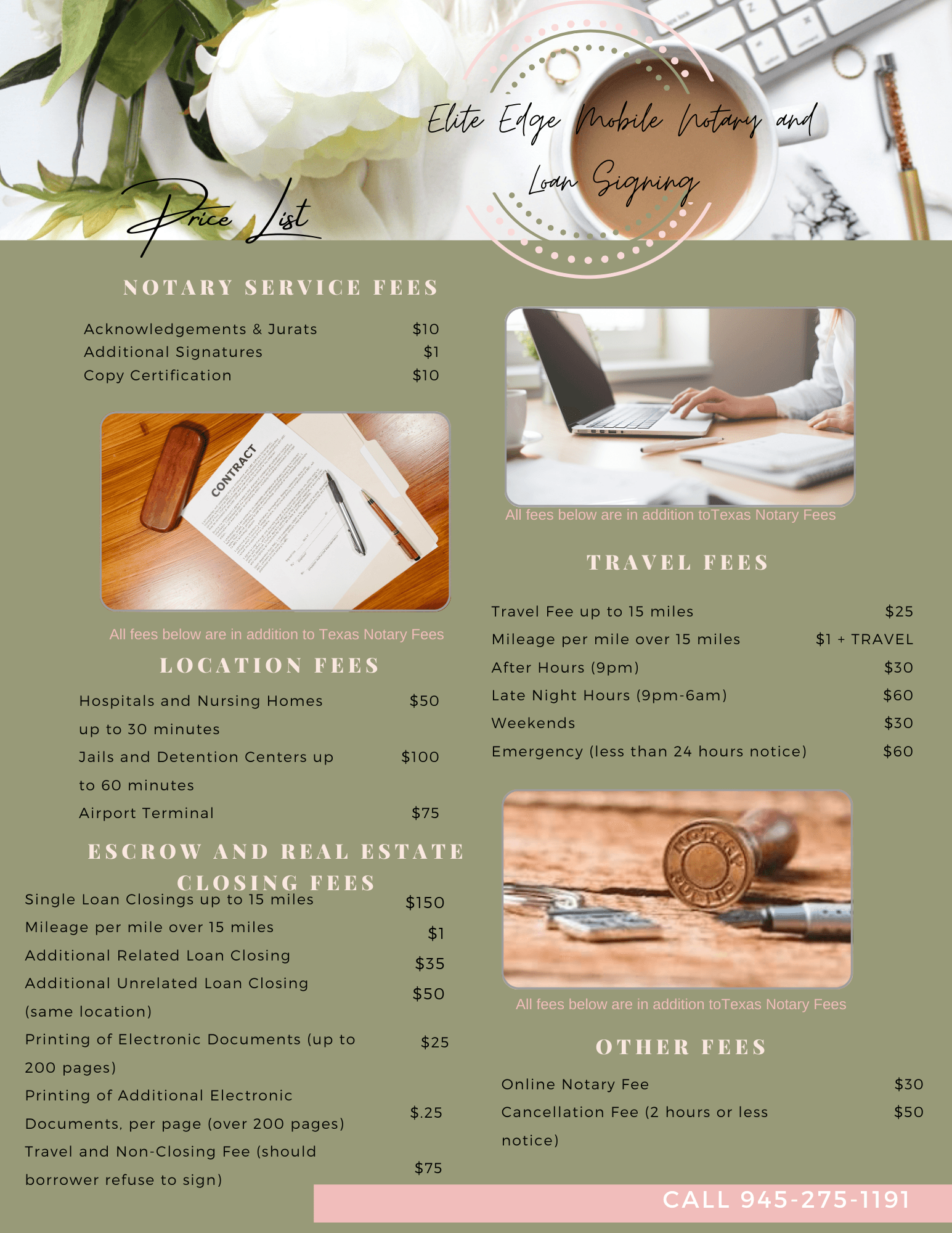 Elite Mobile Notary Price List - Notary Service Fees and Travel Fees