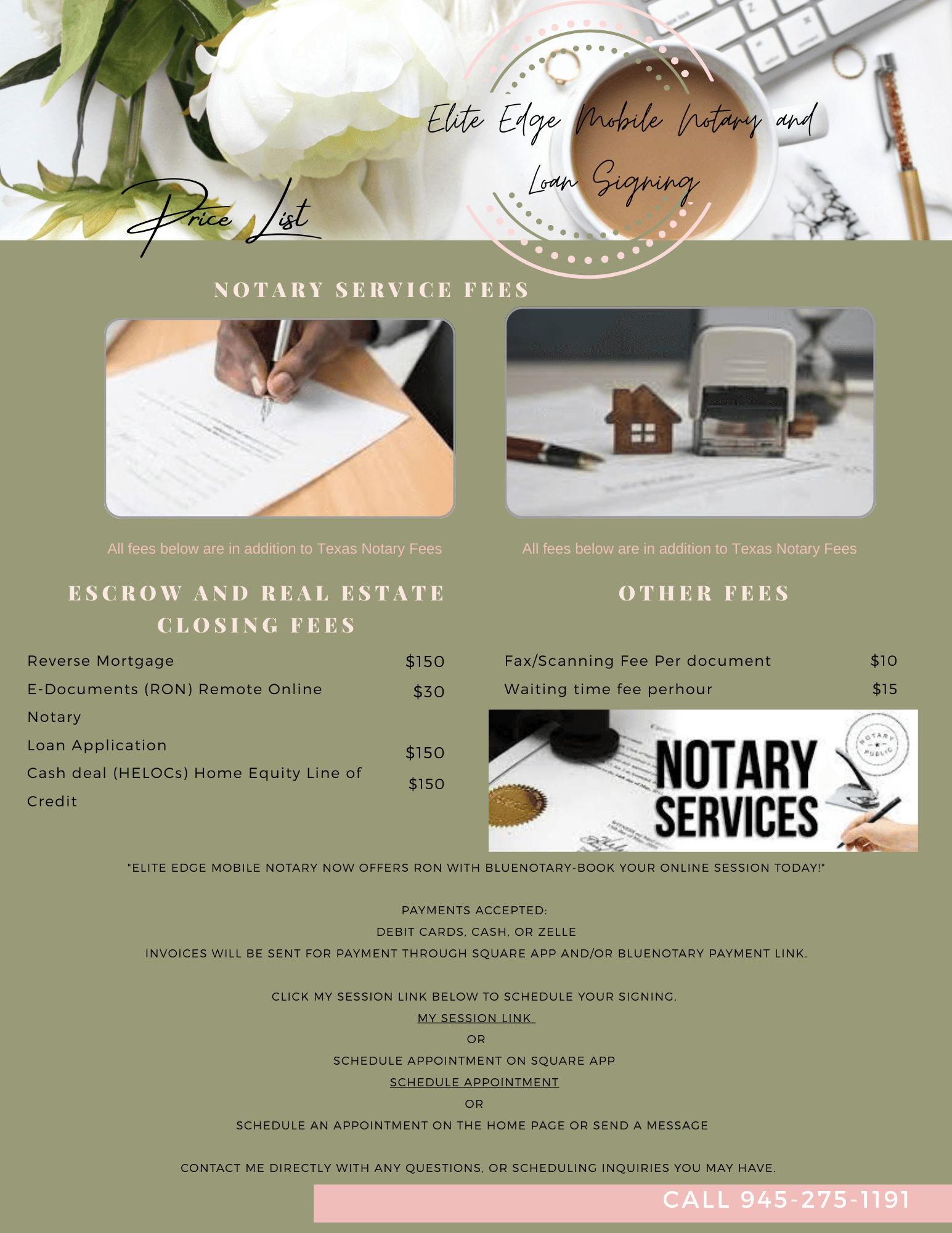 Elite Mobile Notary Price List - Escrow, Real Estate, and Additional Fees